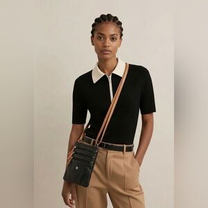 Black Leather Crossbody Bag with Tan Strap